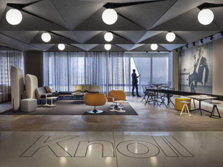 Lobby at Knoll LA, with the Knoll logo engraved in the terazzo floor