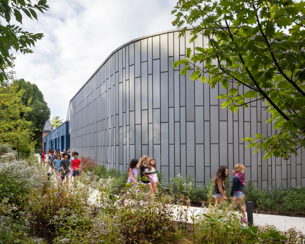 students walk from classrooms along a plant-lined path and the curving zinc building façade