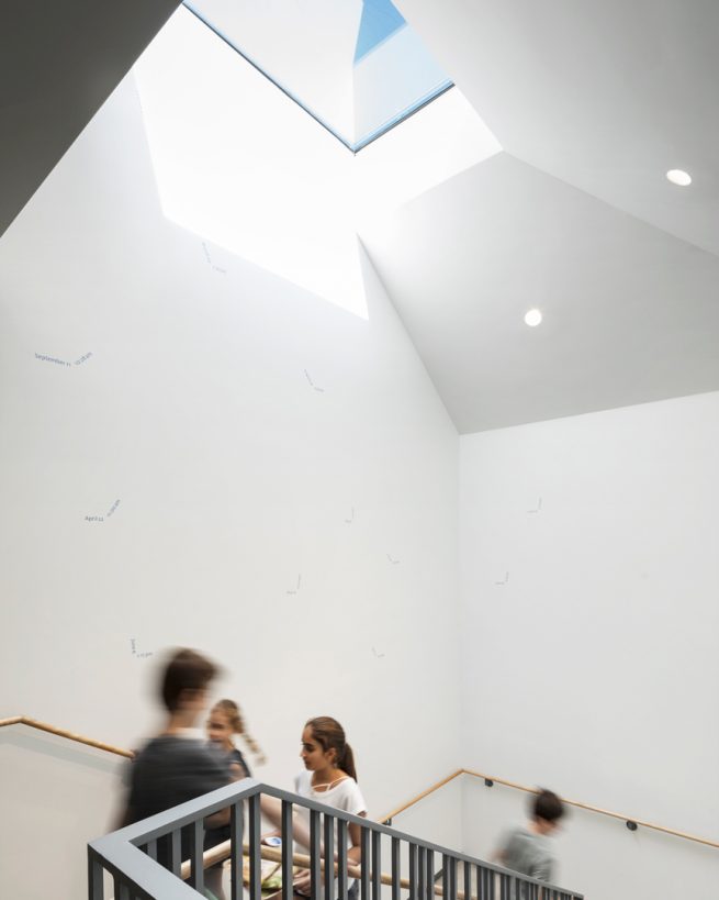 students pass each other and graphics on a staircase below a skylight