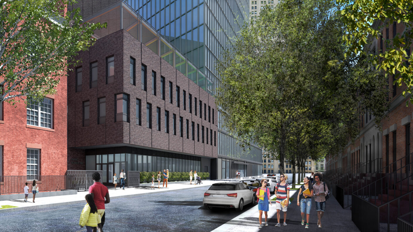 rendering of kids approaching primary school entrance