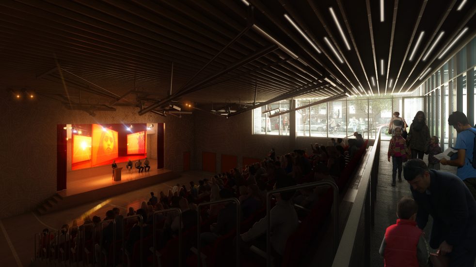 flexible gymnatorium in use for a lecture