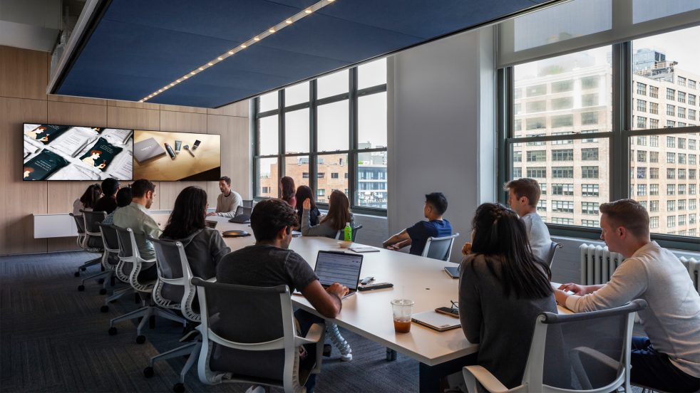 Harry's meeting in a conference room with a blue acoustic baffle above