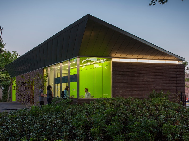 Visitors’ building at Brooklyn Botanic Garden at dusk