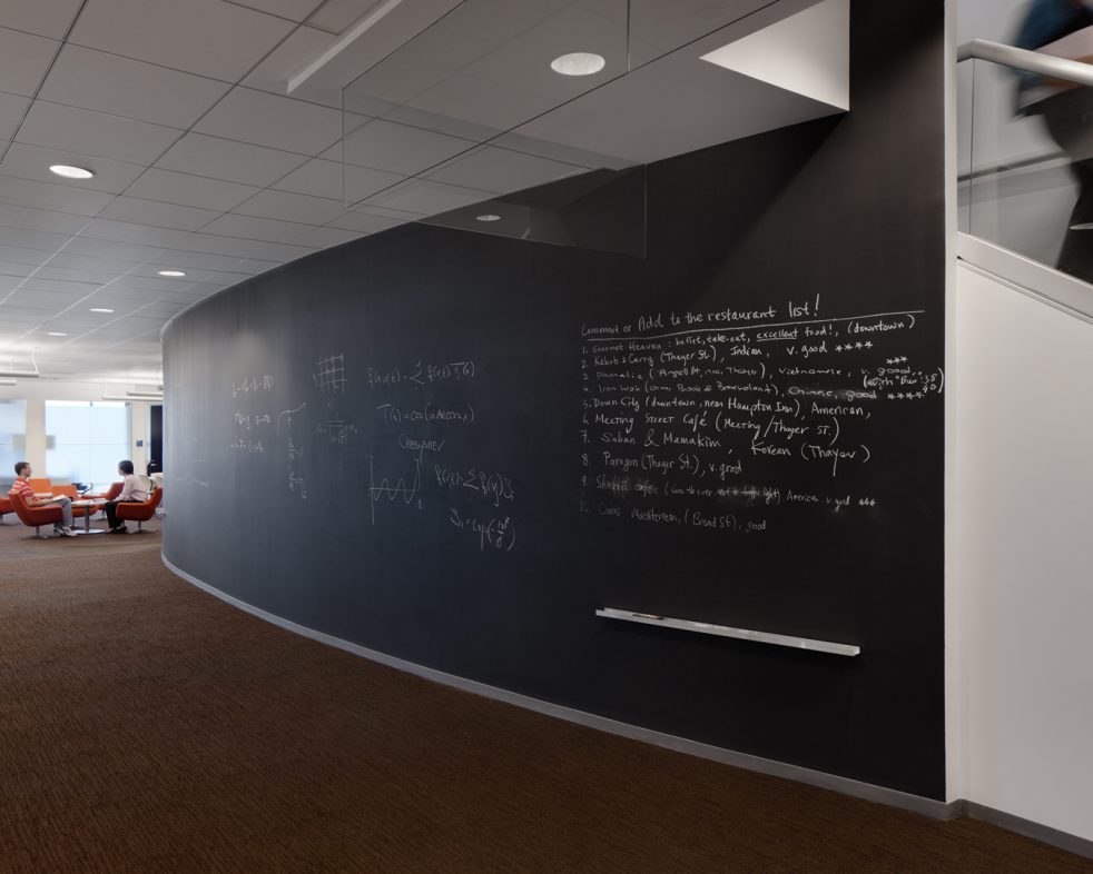 curved chalkboard wall filled with text