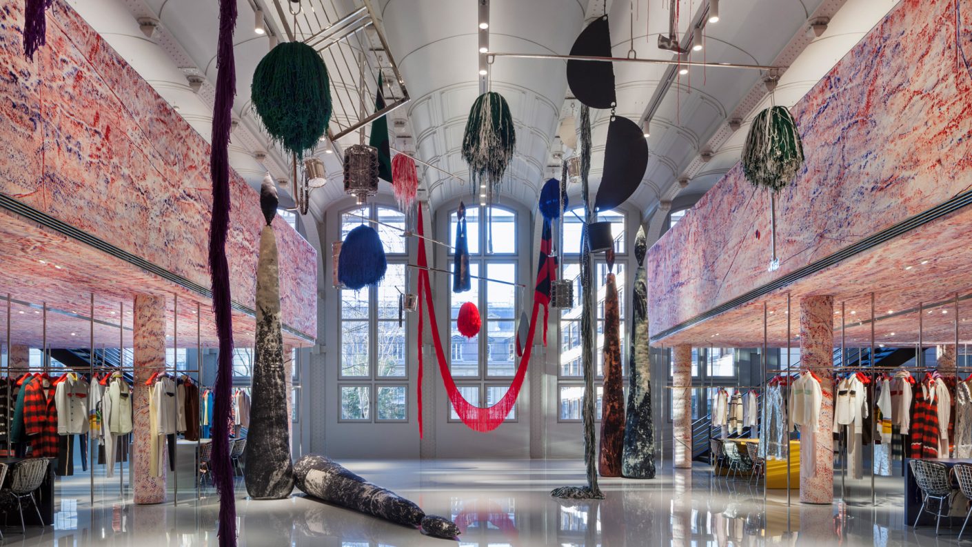Sterling Ruby artwork suspeneded from vaulted Parisian ceilings of showroom