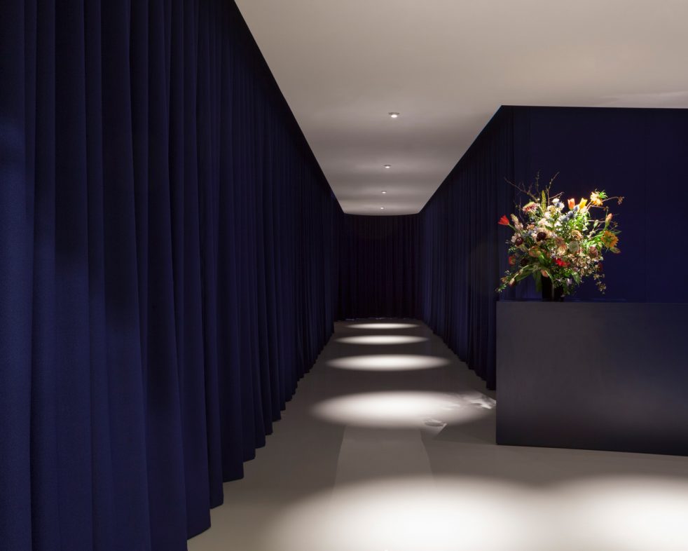 hallway lined with dark blue curtains and flowers on reception desk