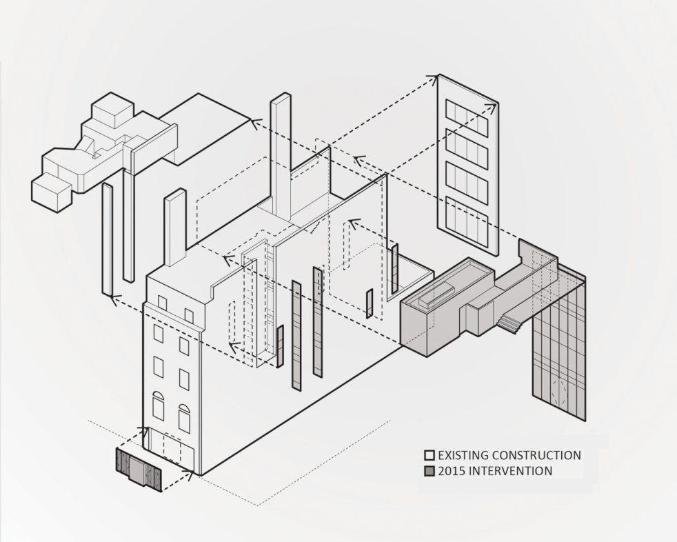 exploded axon of existing construction and intervention