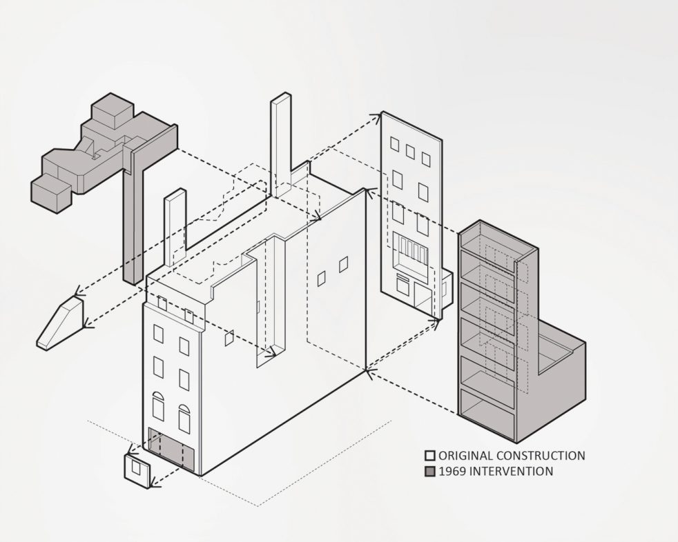 exploded axon of existing construction and intervention