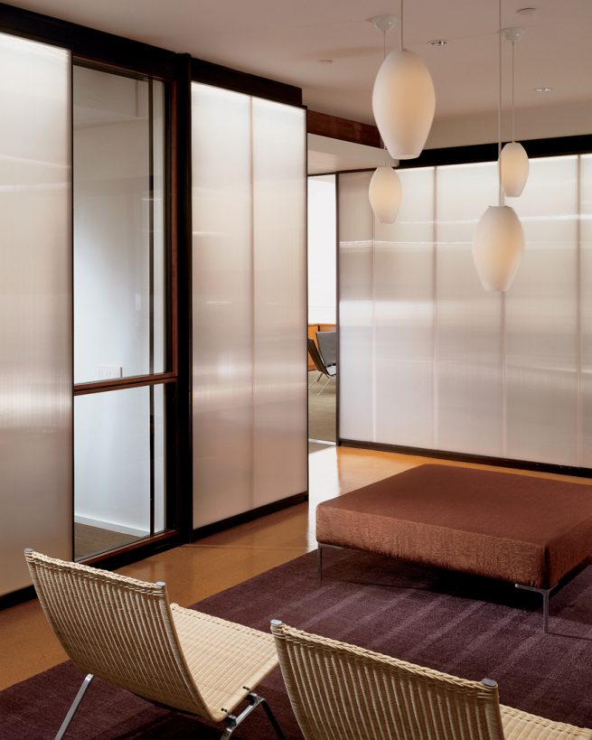 sitting area surrounded by translucent partitions