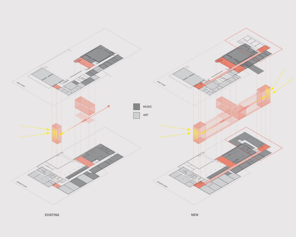 axonometric drawings of addition showing circulation hubs