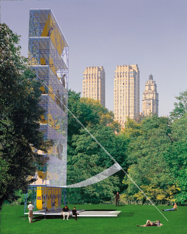 rendering of a vertical, 7 story structure in Central Park