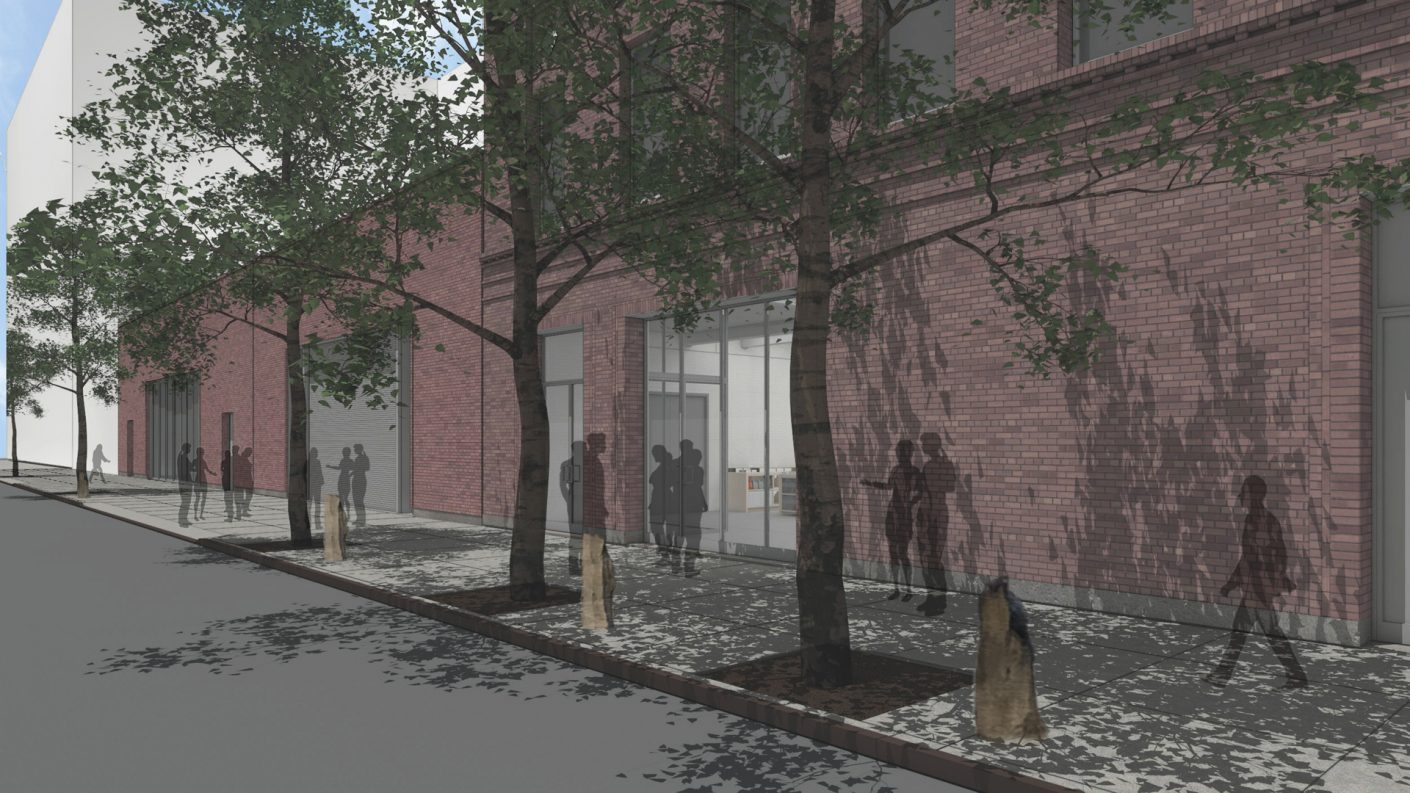 view through street trees of new street entrances to Dia:Chelsea