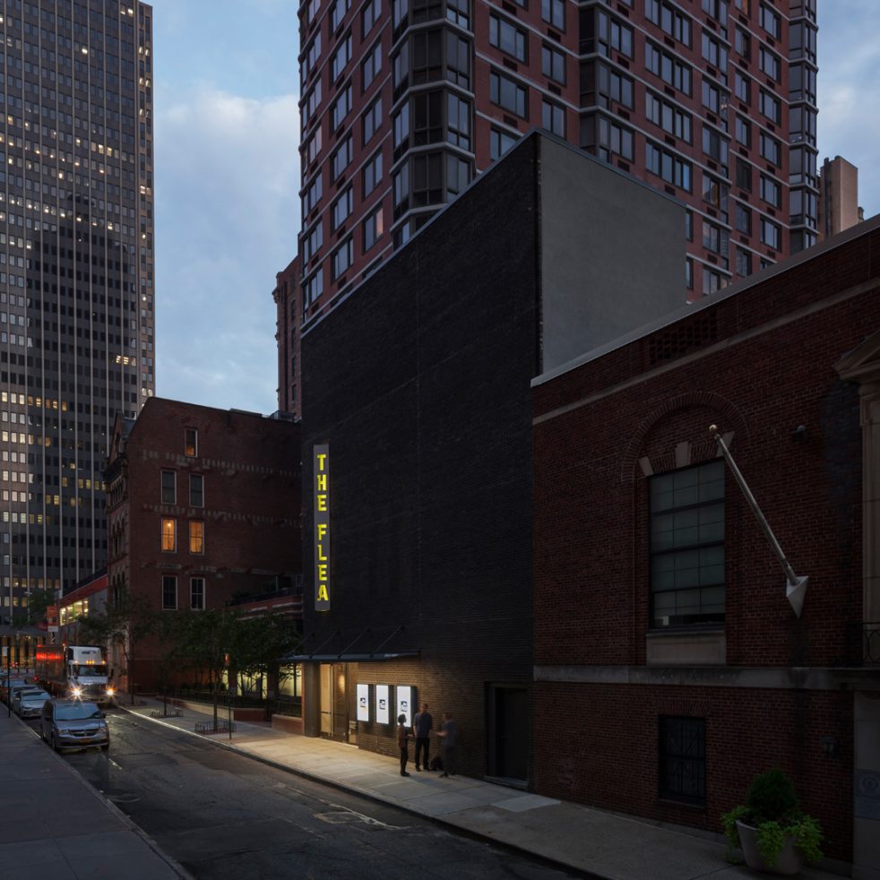 Flea theater entry at dusk