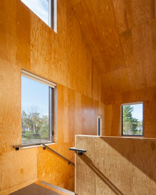 windows punctuate the plywood clad barn at the top of a staircase with views to the park