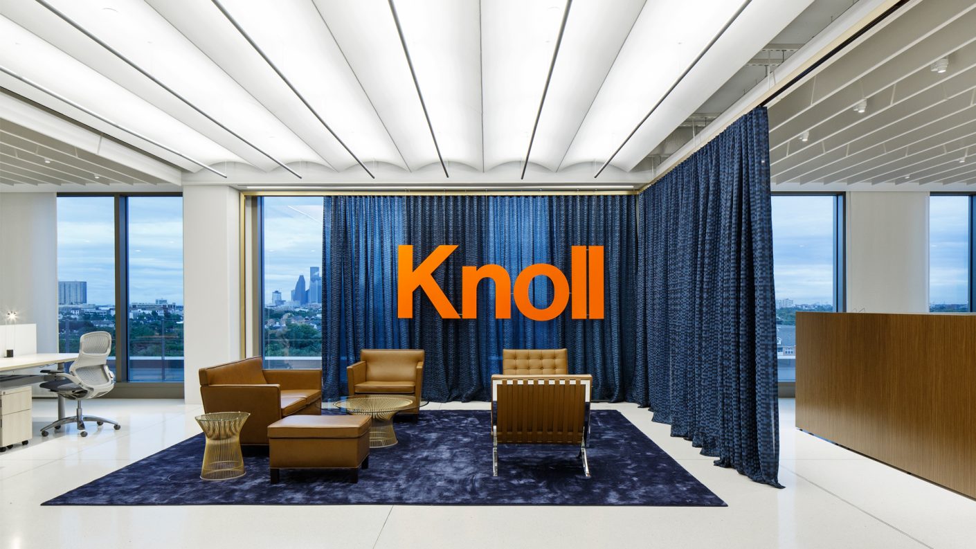 Knoll Houston lounge area and orange letters that read Knoll