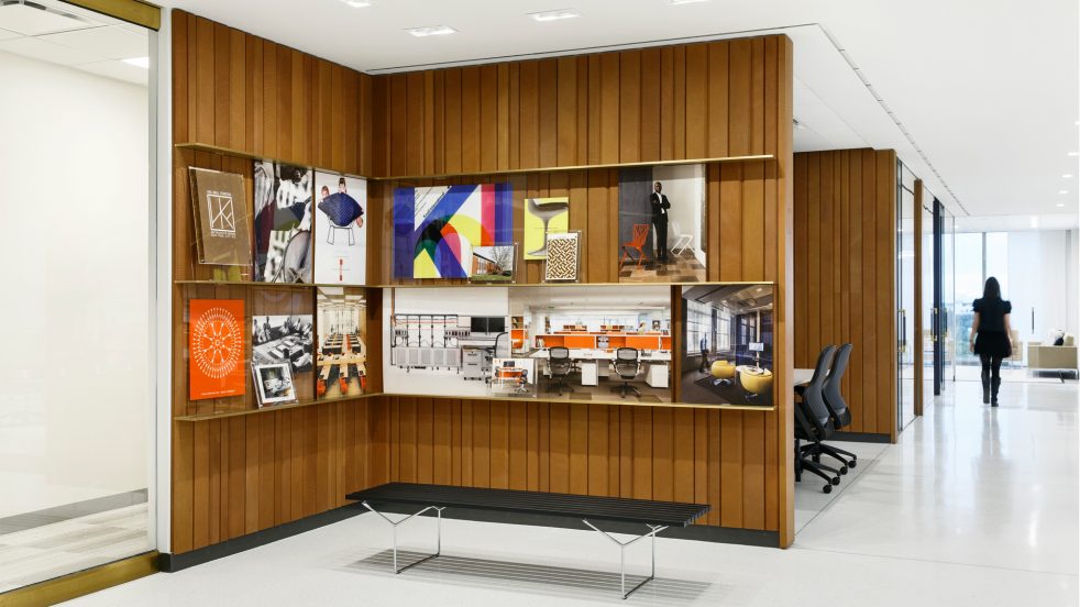 Knoll Houston showroom displau in breakout spaces and ARO Plank leather wall
