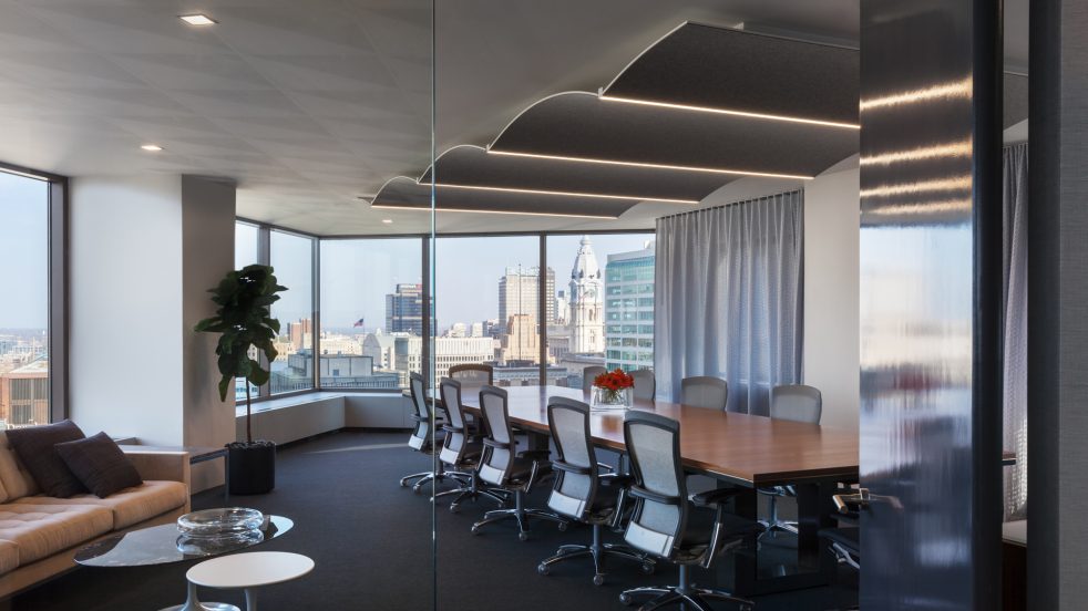 Knoll boardroom overlooking Philadelphia skyline