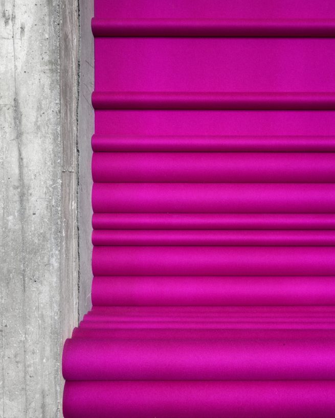 detail of custom pink ARO Planks assembled into bench design