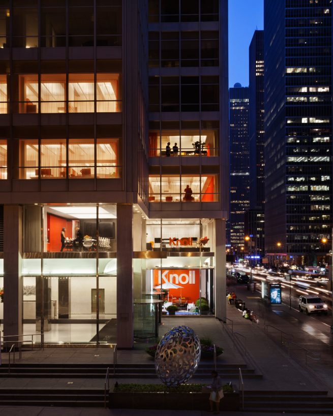 several floors of Knoll New York illuminated in midtown Manhattan