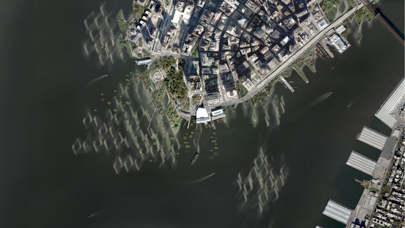 aerial of Lower Manhattan with proposed islands