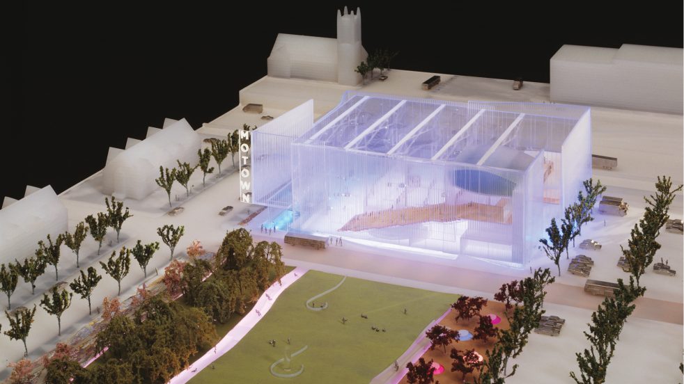 transparent model of Motown Center with park