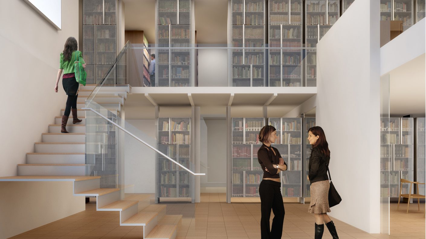 rendering of people congregate in reception gallery