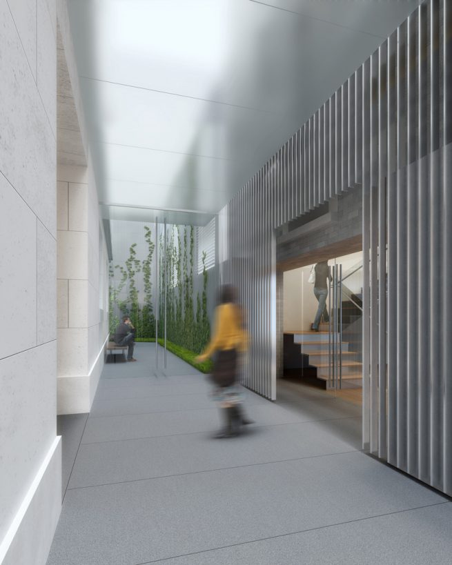 rendering of people passing between Duke House and library