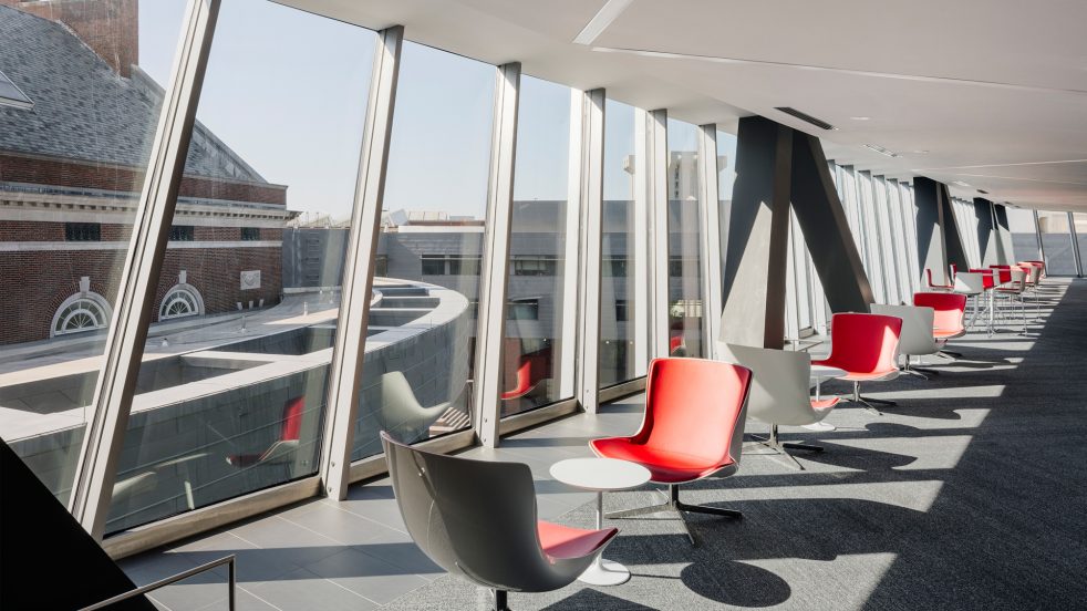 window view from suite level lounge to adjacent buildings