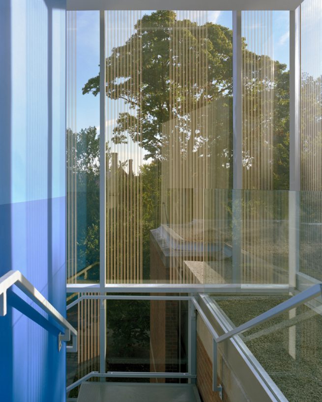 detail of fritted glass from interior stairwell