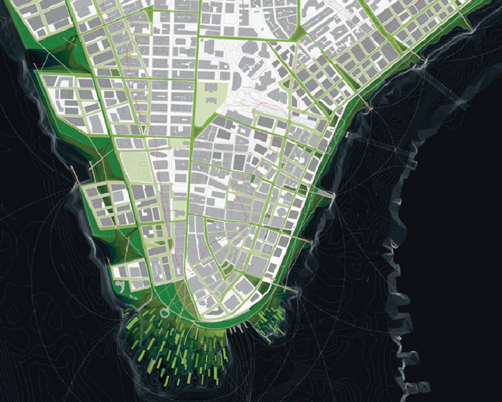 proposed lower manhattan master plan with landscape infrastructure