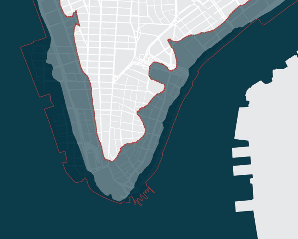 category 2 storm inundation mapped onto Lower Manhattan