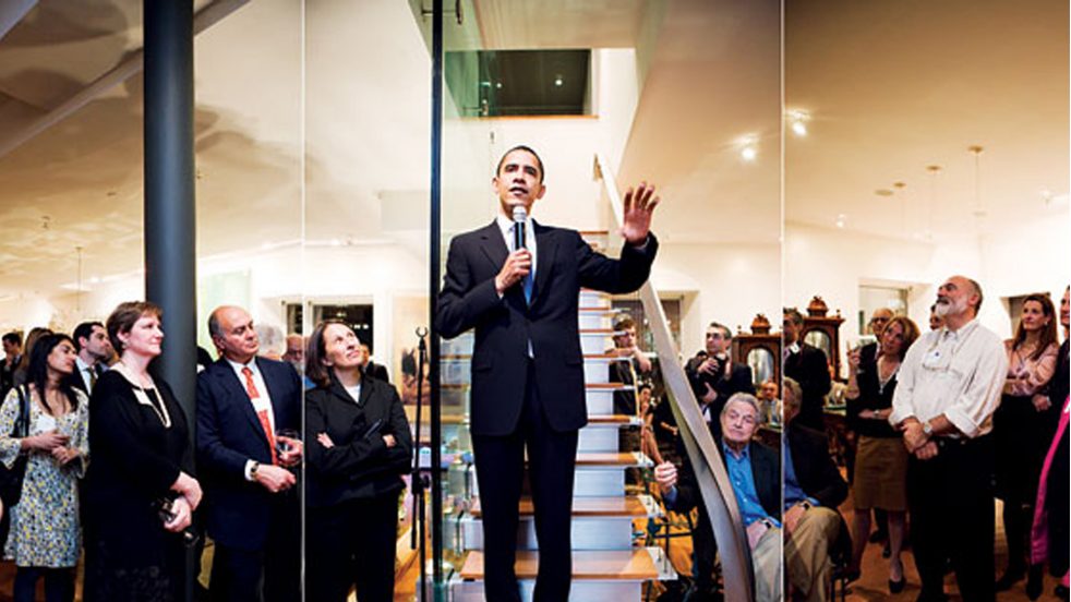 Then presidential candidate, Barack Obama giving a speech on the floating stair in the loft