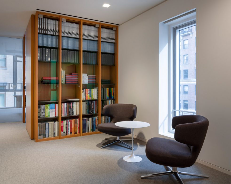 lounge area in front of bookcase