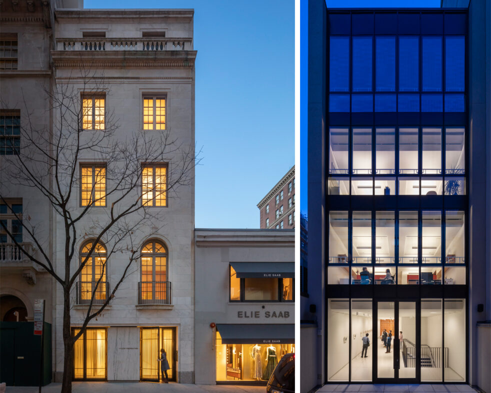 person entering the illuminated Vilcek Foundation at dusk view of the building through the rear curtain wall displays a group of people at a gallery show and people working above