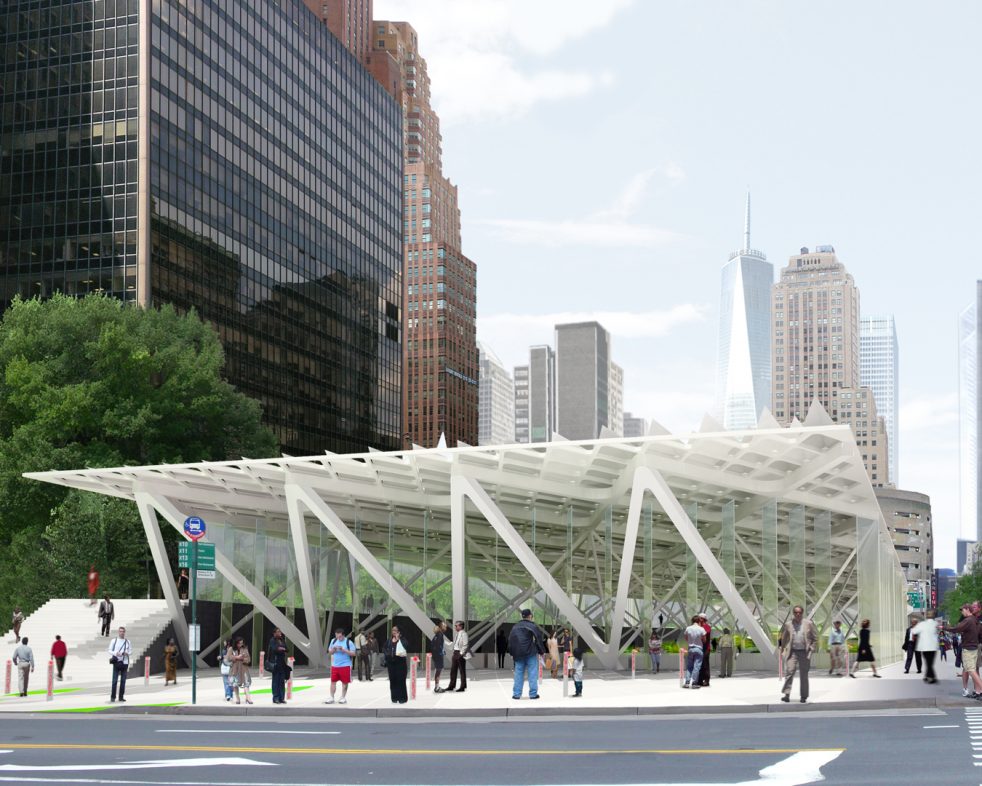 pedestrians outside of the proposed Market Park urban amenity above Brooklyn-Battery Tunnel