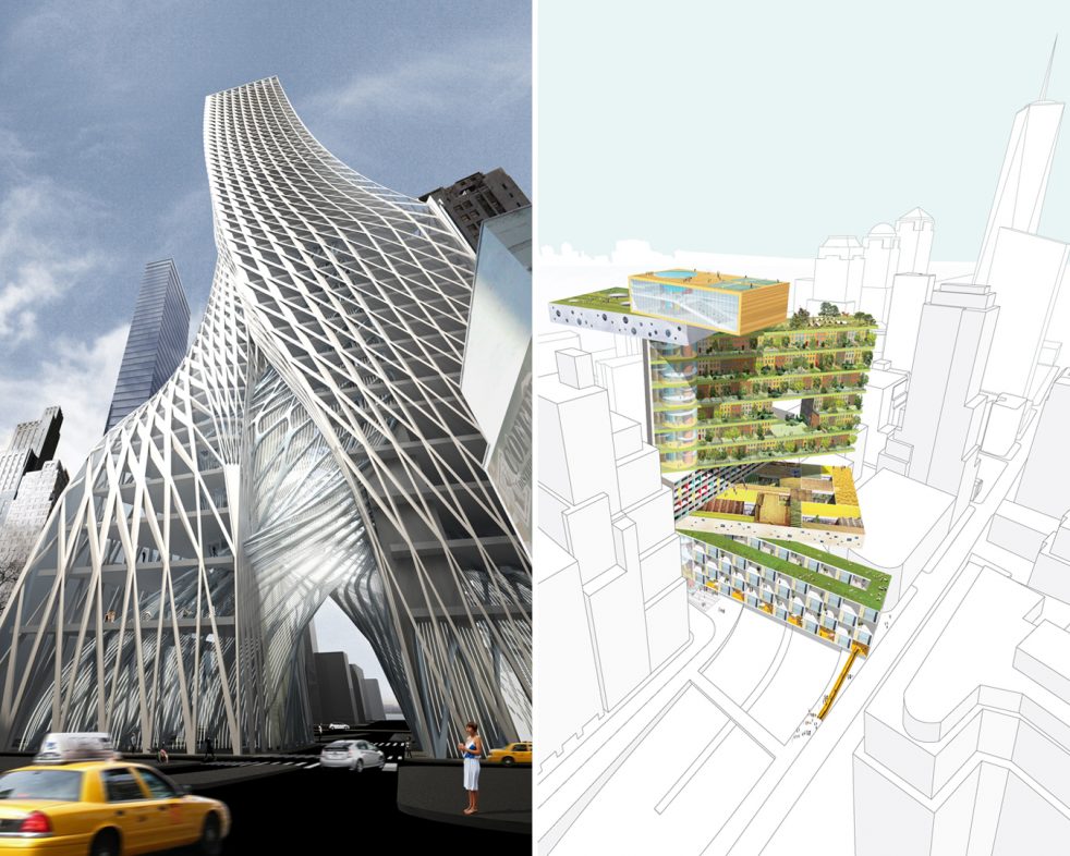 cars and people pass under proposed Edgar Street Towers, paired with a spiraling layered tower