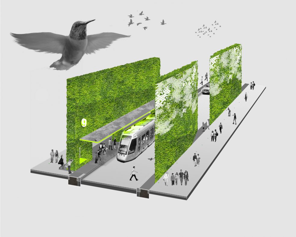 section cut diagram of proposed Greenwich South street with light rail and pedestrians