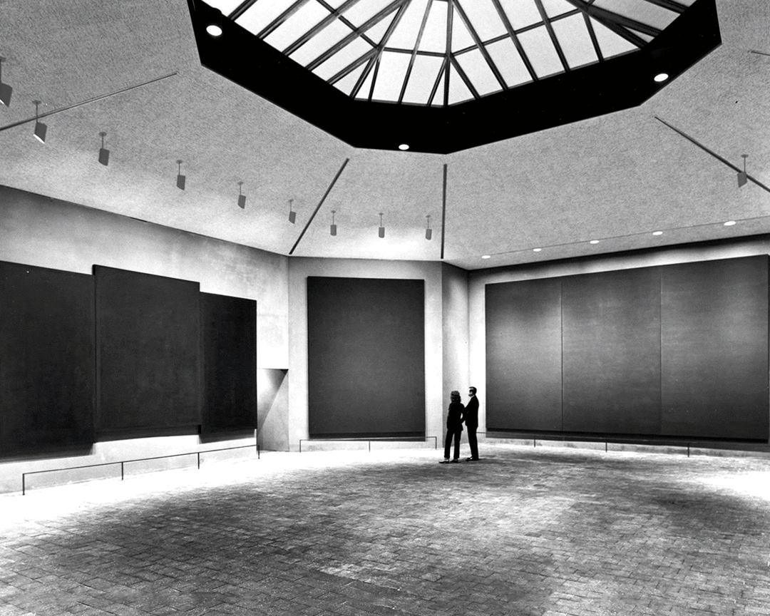 animation of original chapel interior and skylight, existing chapel interior and skylight, and proposed chapel interior and skylight