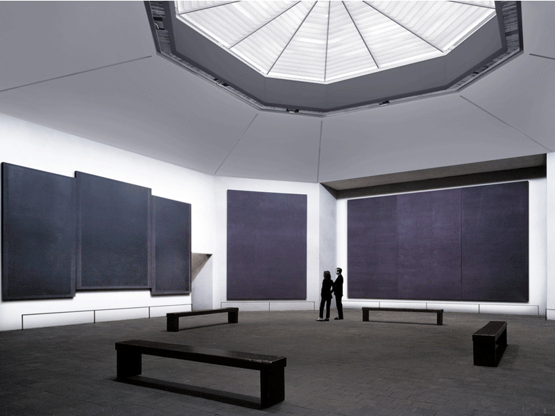 animation of original chapel interior and skylight, existing chapel interior and skylight, and proposed chapel interior and skylight