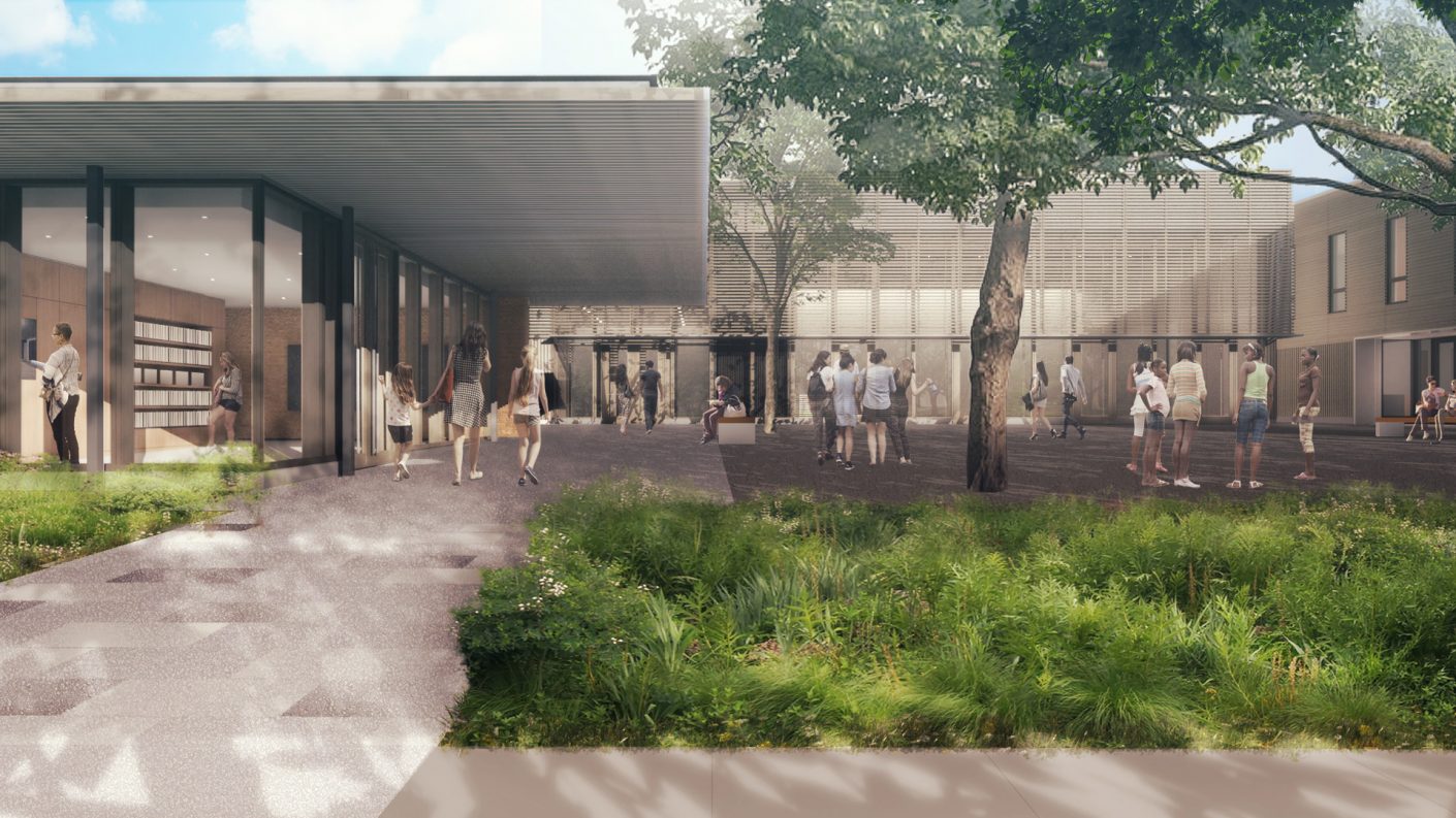 people gather in the north campus courtyard