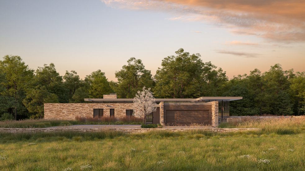 exterior view of home from entry facade in Bucks County meadow