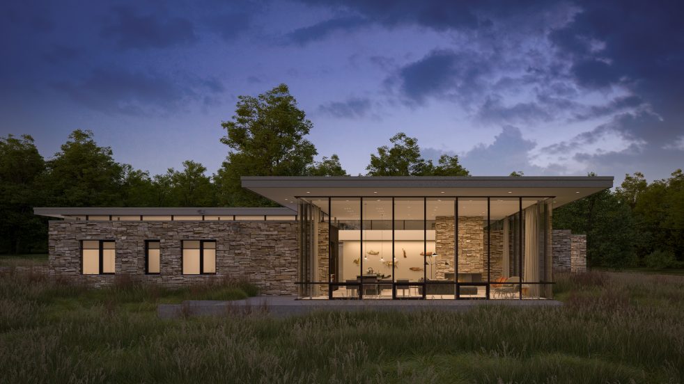 elevation of home illuminated at night featuring a full-height transparent view into a living area