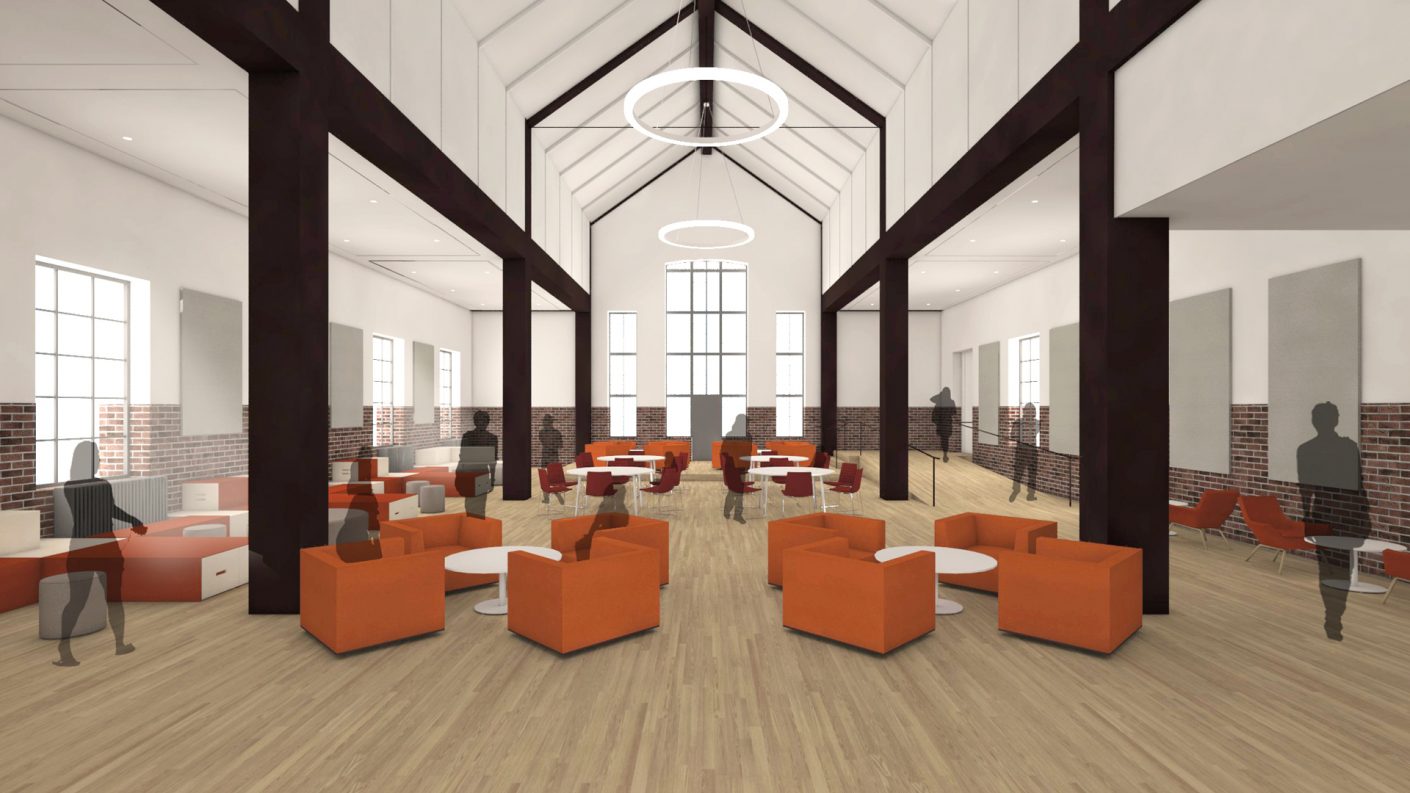 rendering of flexible orange furniture in luminous space