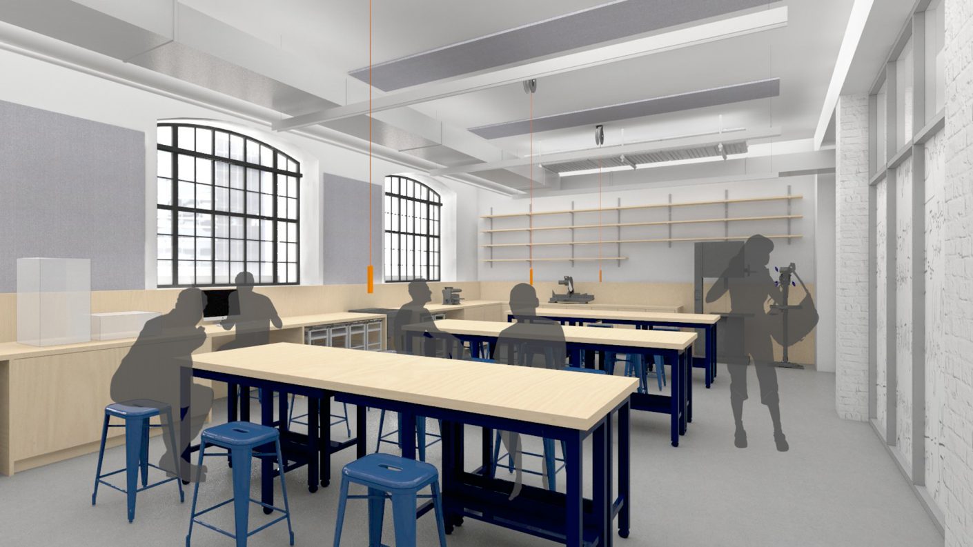 rendering of bright Design Studios with rows of desks and stools