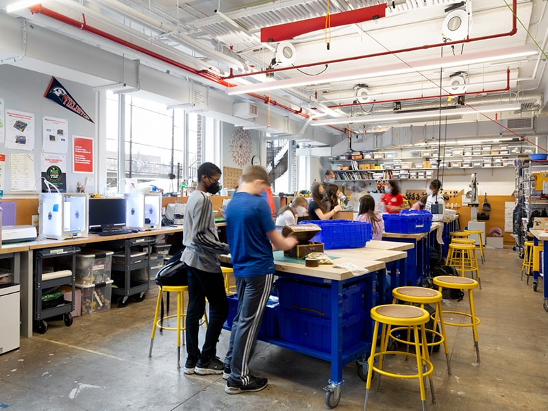 Middle school students in an engineering class in ECFS's Design Studios