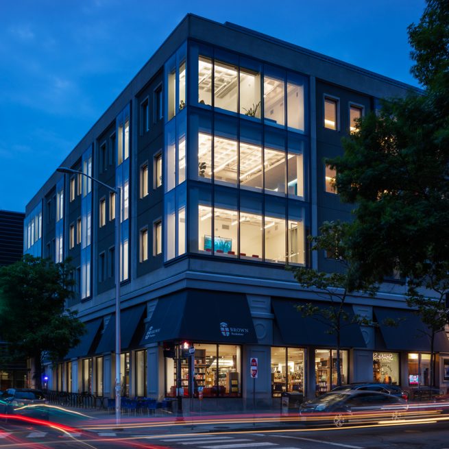 Dusk view of 164 Angell at the corner of Thayer Street