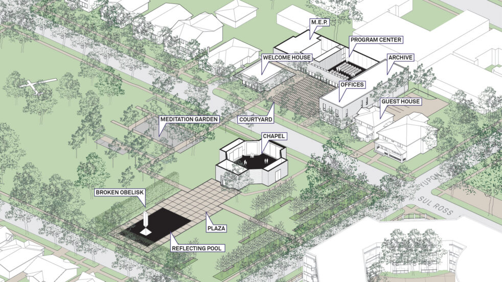axonometric site plan of proposed Rothko Chapel campus cut through the chapel and program center interior