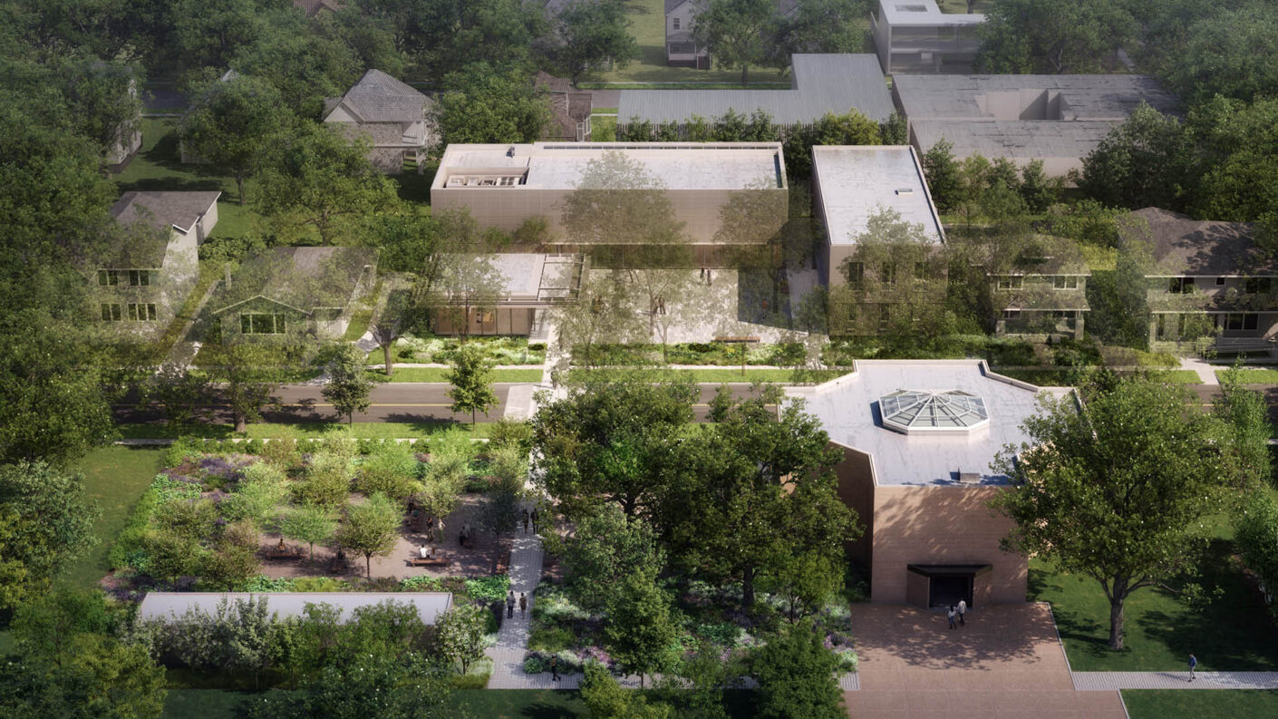 Aerial rendering of restored Rothko Chapel, new campus, and meditation garden