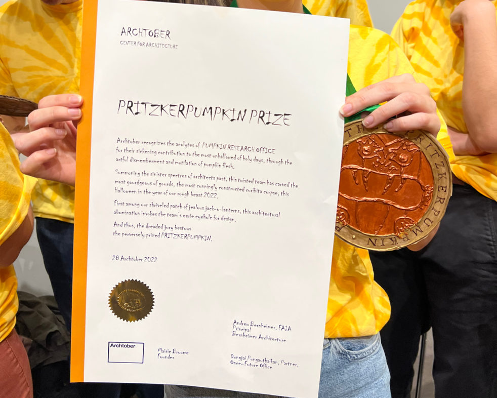 Photo of the Pritzker Pumpkin award certificate