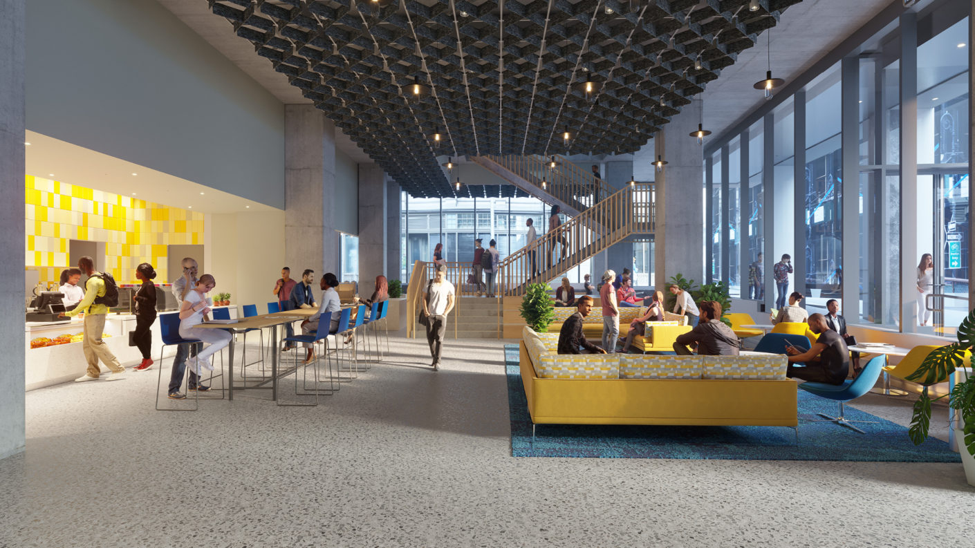 Rendering of students in the cafe and seating area of the ground floor of 15 Beekman